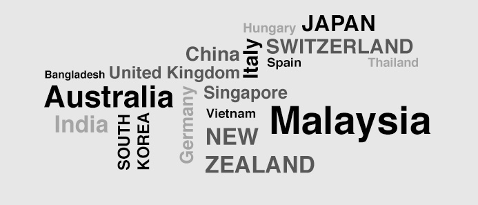 Hungary, Japan, Thailand, Switzerland, Spain, Italy, China, United Kingdom, Bangladesh, Australia, India, South Korea, Germany, Singapore, Vietnam, New Zealand, Malaysia